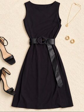 Navy Sleeveless Dress with Leather Belt